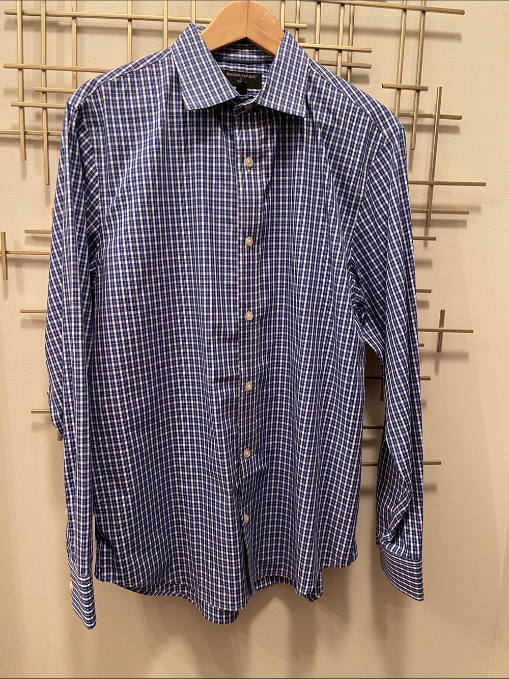 Banana Republic Men's Navy, Pink and White Check Dress Shirt